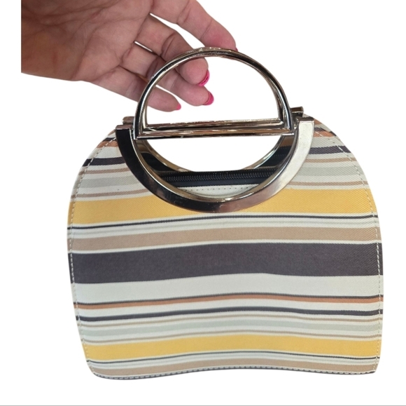 Top Handle Canvas Brown Yellow Cream Stripe Handbag - Picture 3 of 9